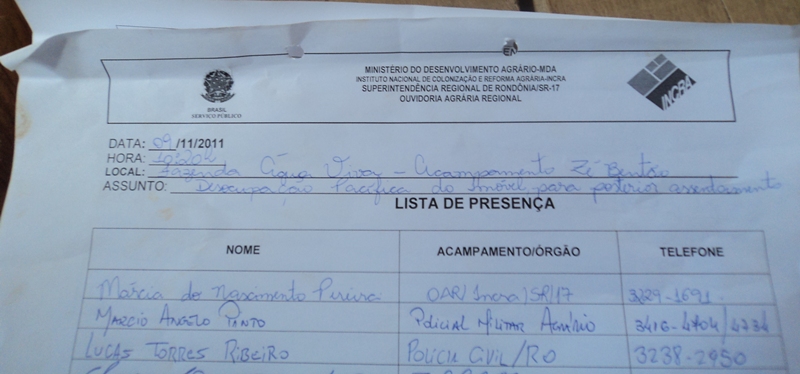 Lista de presença da Márcia era para na verdade para uma “desocupação pacífica do imóvel para posterior assentamento”